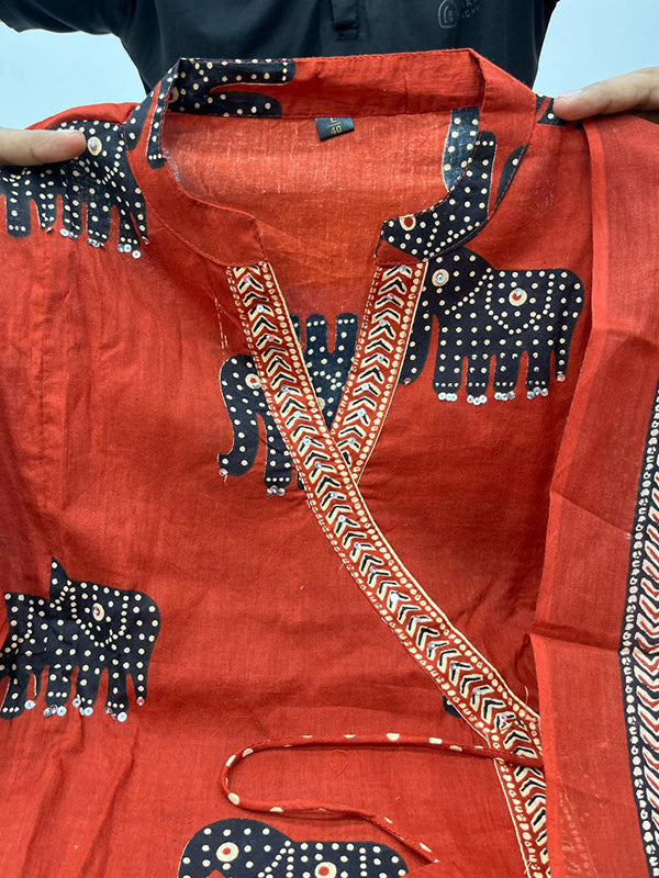 Maroon Angrakha Style Printed Kurti Pant Set With Dupatta