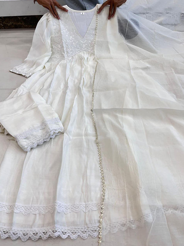 Off-White Embroidered Chanderi Silk Anarkali Gown With Dupatta