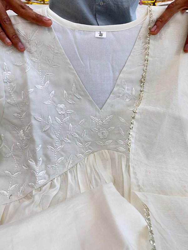 Off-White Embroidered Chanderi Silk Anarkali Gown With Dupatta