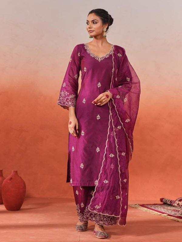 Rani Pink Chanderi Silk Kurti Palazzo Set With Dupatta
