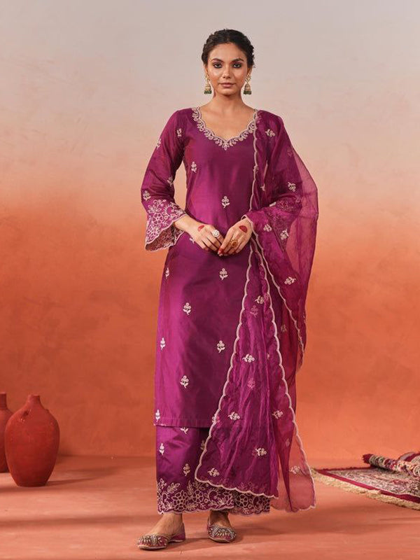 Rani Pink Chanderi Silk Kurti Palazzo Set With Dupatta