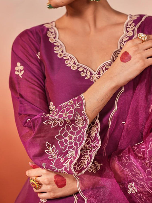 Rani Pink Chanderi Silk Kurti Palazzo Set With Dupatta