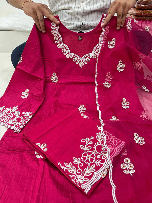 Rani Pink Chanderi Silk Kurti Palazzo Set With Dupatta