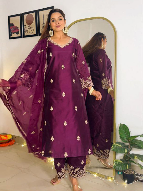 Rani Pink Chanderi Silk Kurti Palazzo Set With Dupatta