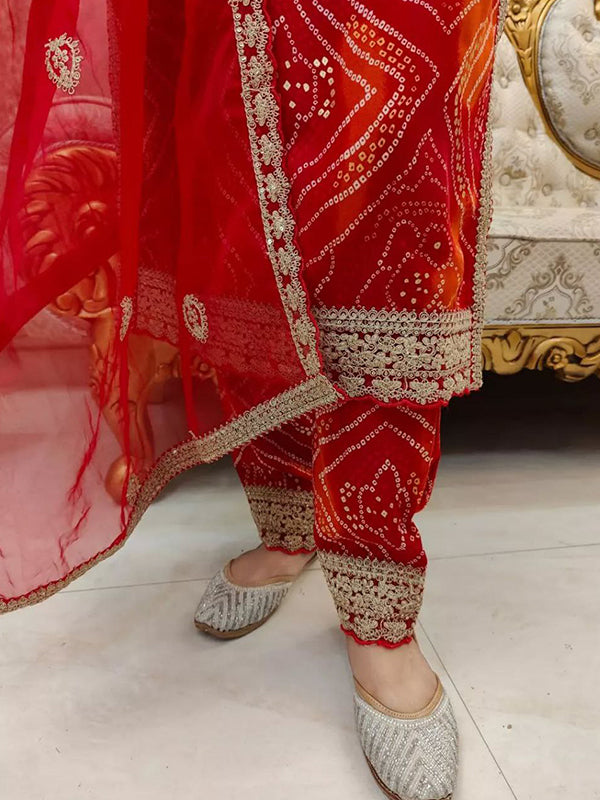 Bandhani Printed Red Kurti Pant Set With Dupatta