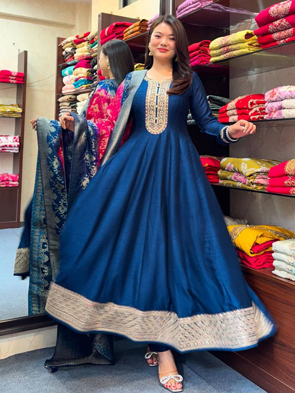 Blue Anarkali Flared Kurti Pant WIth Dupatta