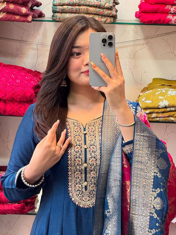 Blue Anarkali Flared Kurti Pant WIth Dupatta