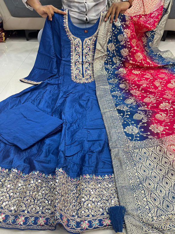 Blue Anarkali Flared Kurti Pant WIth Dupatta