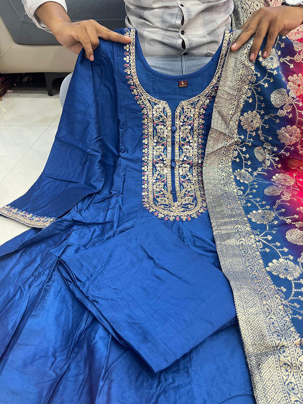 Blue Anarkali Flared Kurti Pant WIth Dupatta