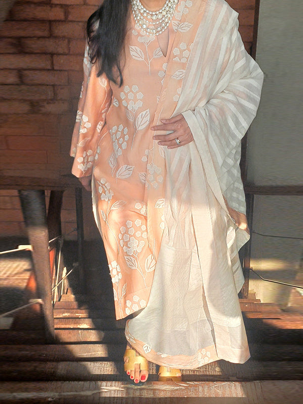 Peach Embroidery Work Kurti Pant With Dupatta
