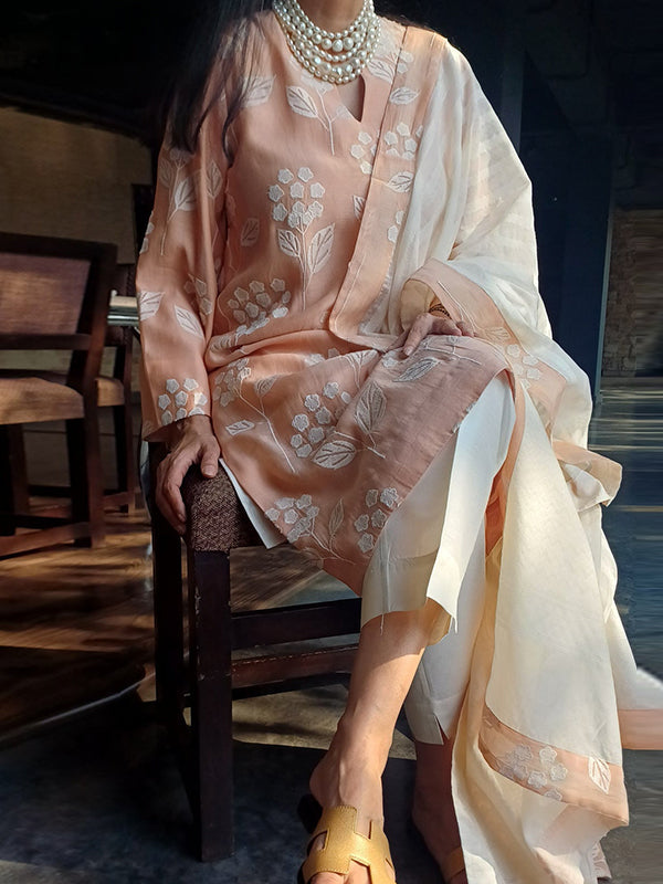 Peach Embroidery Work Kurti Pant With Dupatta