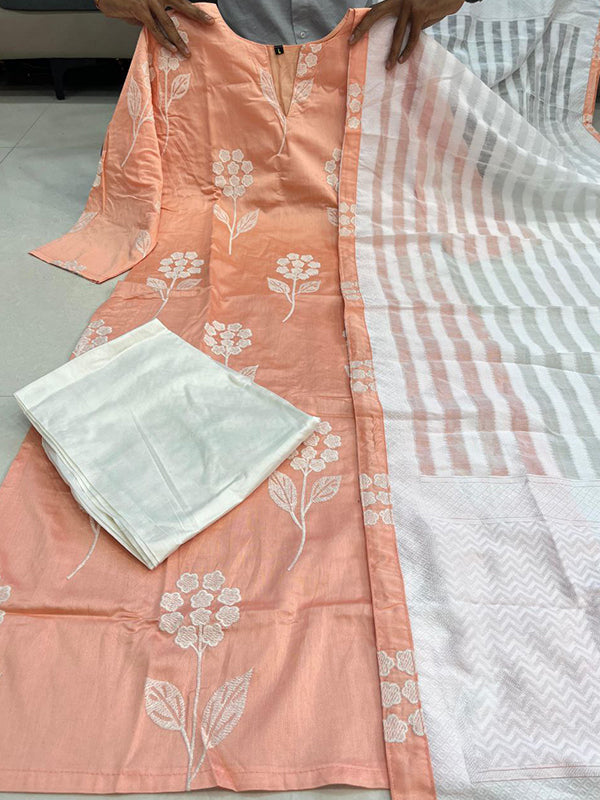 Peach Embroidery Work Kurti Pant With Dupatta
