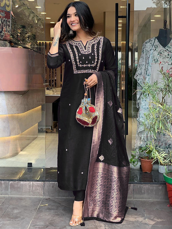 Black Hand Work Roman Silk Kurti With Pant & Dupatta Set