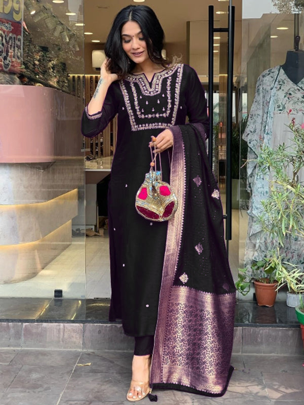 Black Hand Work Roman Silk Kurti With Pant & Dupatta Set
