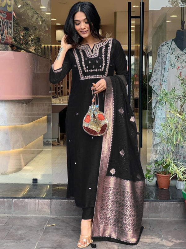 Black Hand Work Roman Silk Kurti With Pant & Dupatta Set