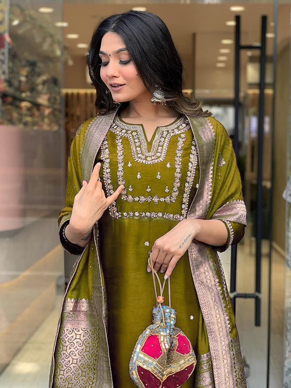 Mehndi Hand Work Roman Silk Kurti With Pant & Dupatta Set