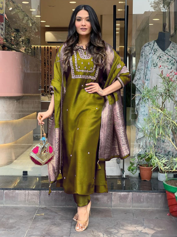 Mehndi Hand Work Roman Silk Kurti With Pant & Dupatta Set