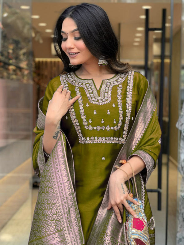 Mehndi Hand Work Roman Silk Kurti With Pant & Dupatta Set