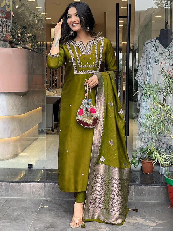 Mehndi Hand Work Roman Silk Kurti With Pant & Dupatta Set