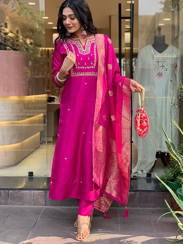 Pink Hand Work Roman Silk Kurti With Pant & Dupatta Set