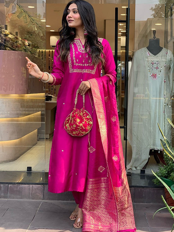 Pink Hand Work Roman Silk Kurti With Pant & Dupatta Set