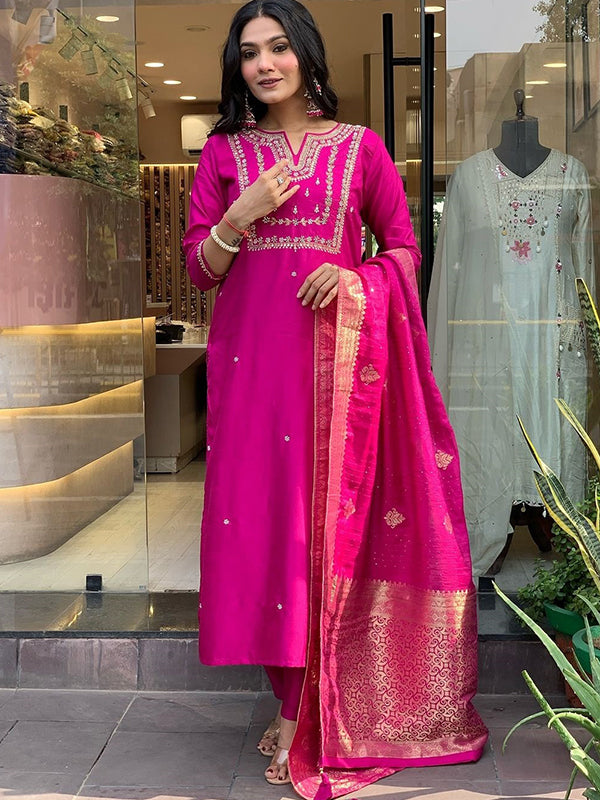 Pink Hand Work Roman Silk Kurti With Pant & Dupatta Set
