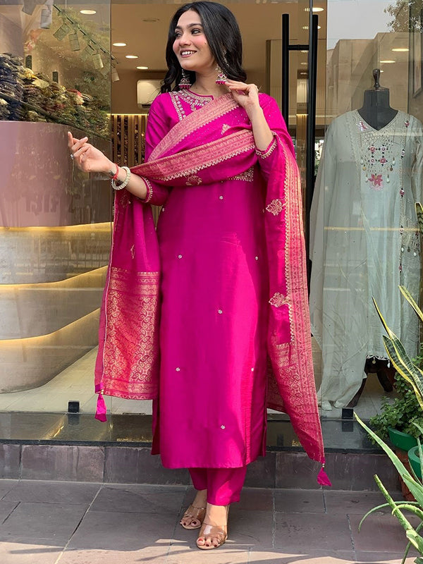 Pink Hand Work Roman Silk Kurti With Pant & Dupatta Set