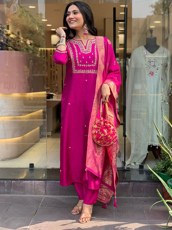 Pink Hand Work Roman Silk Kurti With Pant & Dupatta Set