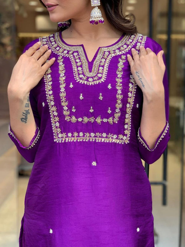 Purple Hand Work Roman Silk Kurti With Pant & Dupatta Set