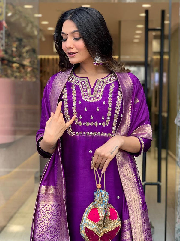 Purple Hand Work Roman Silk Kurti With Pant & Dupatta Set