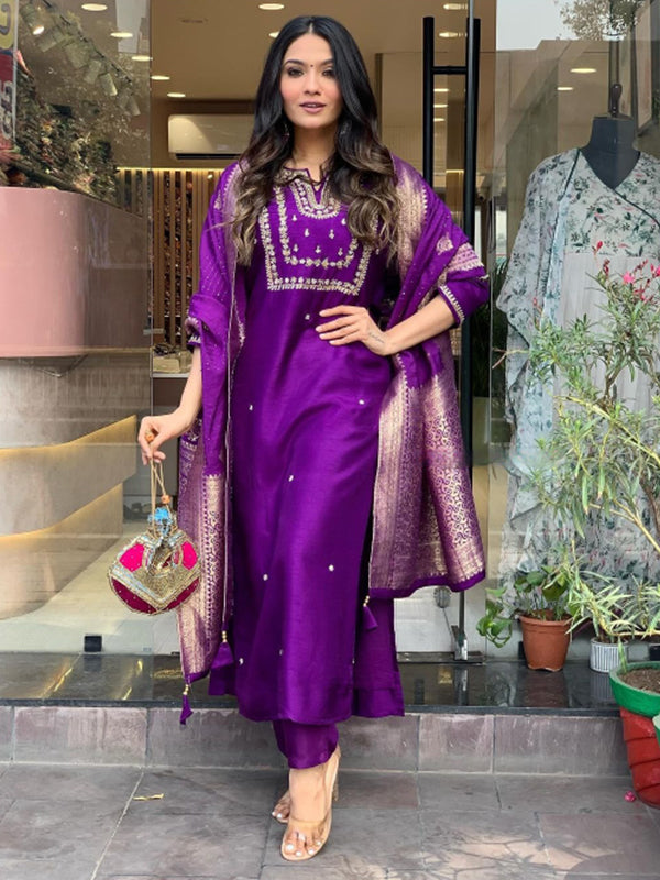 Purple Hand Work Roman Silk Kurti With Pant & Dupatta Set