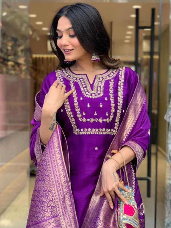 Purple Hand Work Roman Silk Kurti With Pant & Dupatta Set