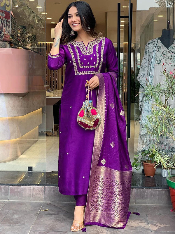 Purple Hand Work Roman Silk Kurti With Pant & Dupatta Set