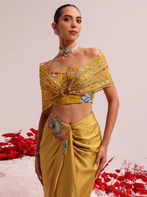 Yellow Albela wrap drape skirt with jacket