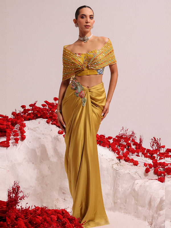 Yellow Albela wrap drape skirt with jacket