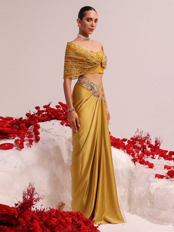 Yellow Albela wrap drape skirt with jacket