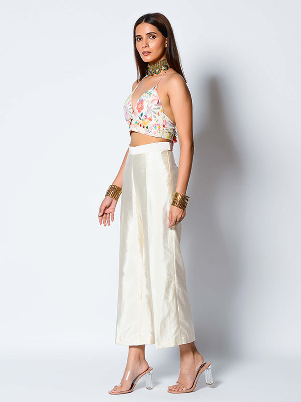 White Dupion Pant Set With Cape
