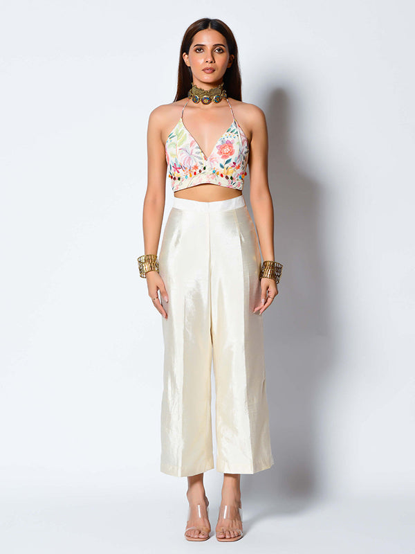 White Dupion Pant Set With Cape