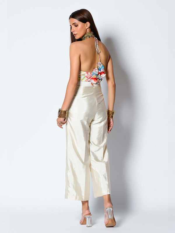 White Dupion Pant Set With Cape