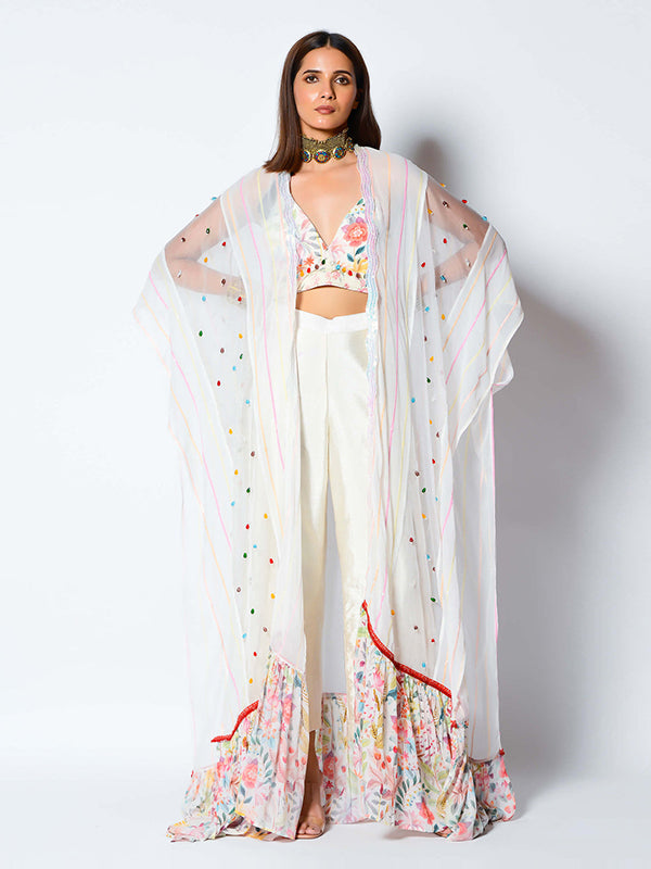 White Dupion Pant Set With Cape