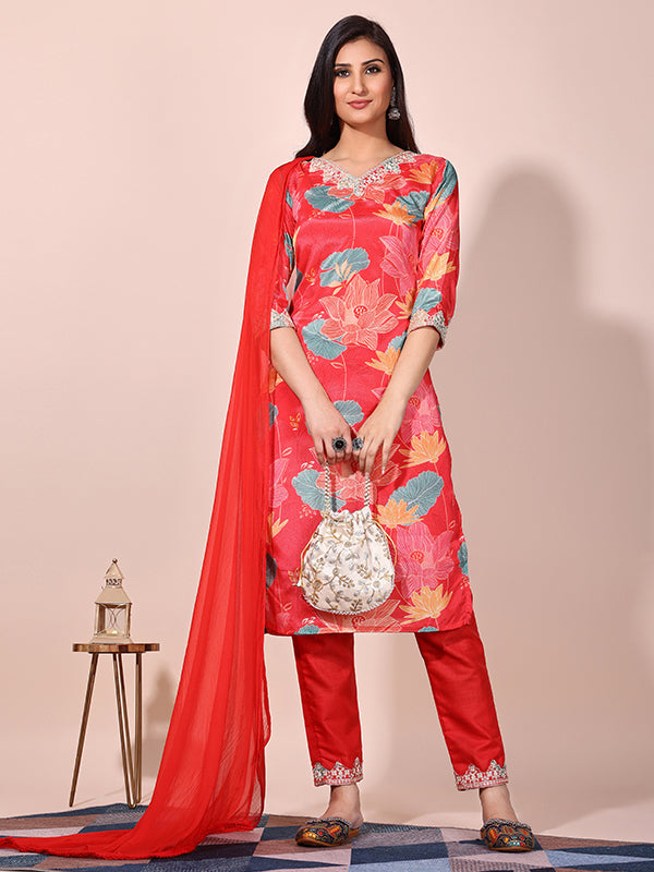 Red Floral Printed Kurti With Pant & Dupatta Set