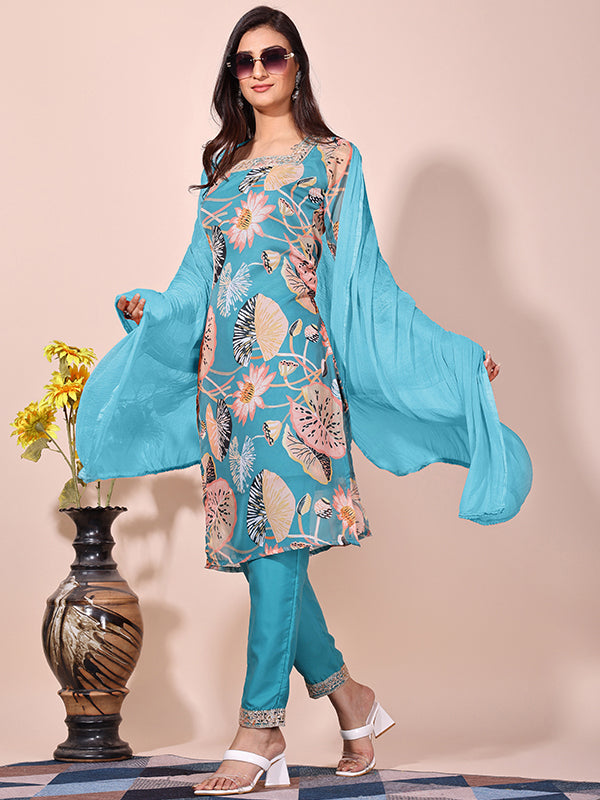 Floral Sky Printed Kurti With Pant & Dupatta Set