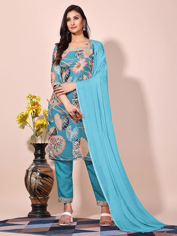 Floral Sky Printed Kurti With Pant & Dupatta Set