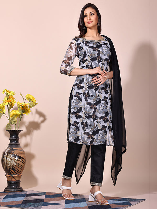 Black Floral Printed Kurti With Pant & Dupatta Set