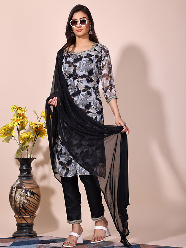 Black Floral Printed Kurti With Pant & Dupatta Set