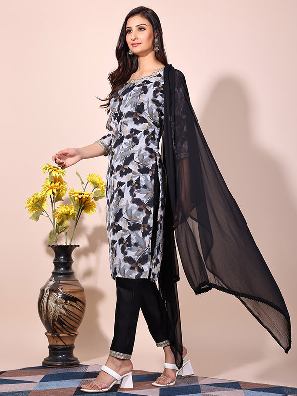 Black Floral Printed Kurti With Pant & Dupatta Set