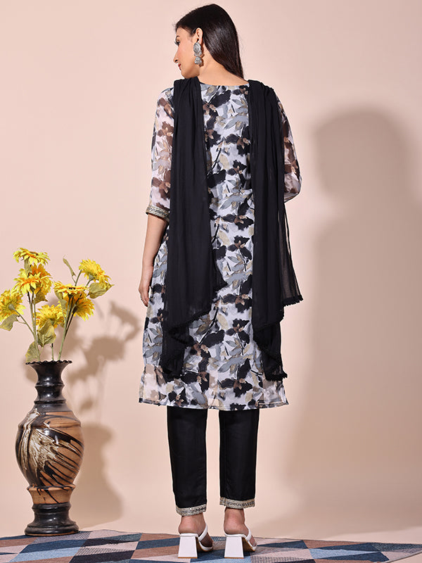 Black Floral Printed Kurti With Pant & Dupatta Set