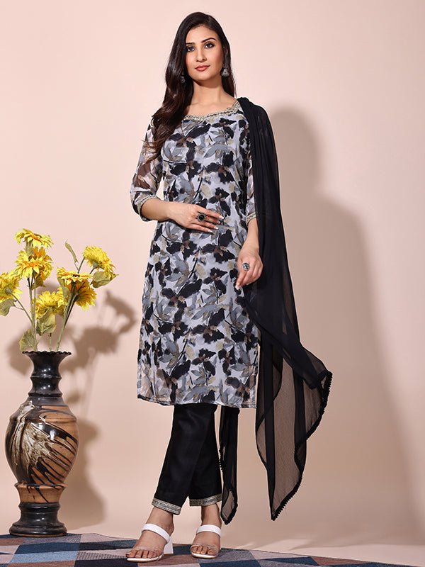 Black Floral Printed Kurti With Pant & Dupatta Set