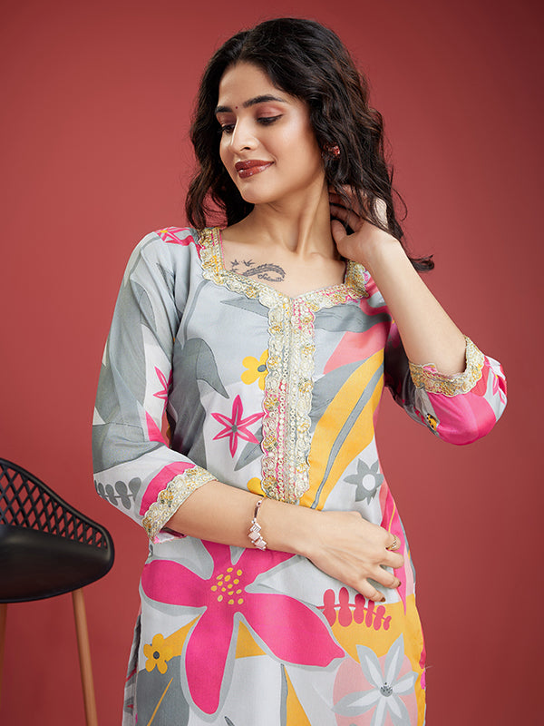 Pink Grey Floral Printed Kurti With Pant & Dupatta Set