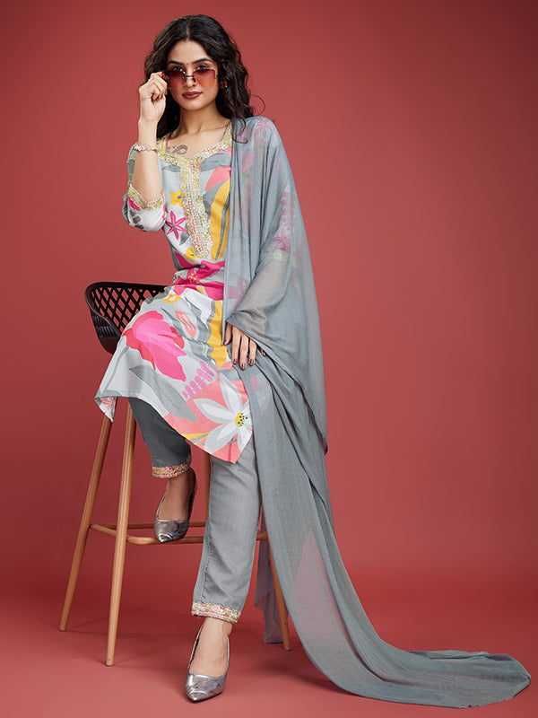 Pink Grey Floral Printed Kurti With Pant & Dupatta Set